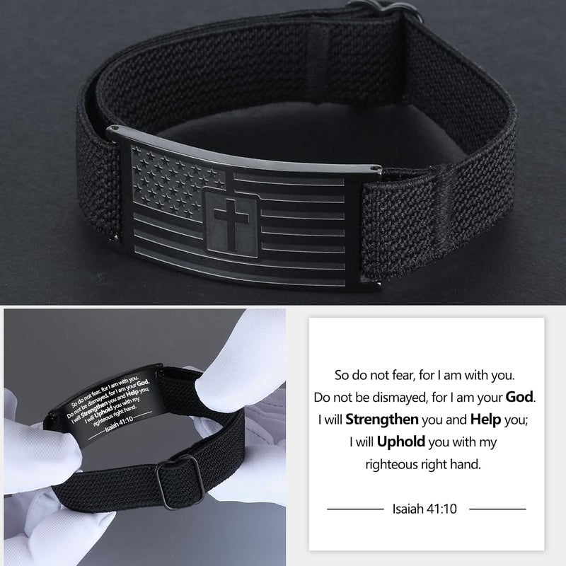 LDOWWGL Valentines Day Gifts - Mens Bracelet - American Flag Christian Cross Bracelet for Boys - Adjustable Black Elastic Stretch Strap with Bible Verse - Gift for Son Grandson - Image 5